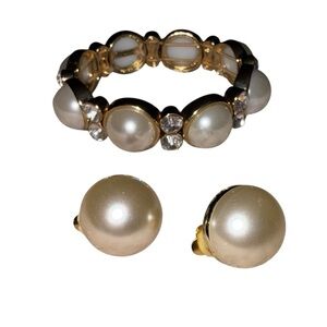 Gold and Pearl Bracelet & Clip-On Earring Set